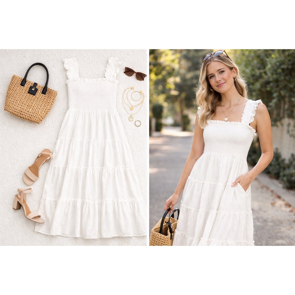 Kourt White Swiss Dot Smocked Tiered Midi Dress Ruffle Strap Cotton Women Size M